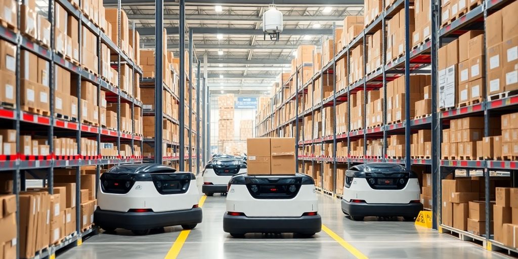 Fahrerlose Transportsysteme bewegen Waren in einem Lager.