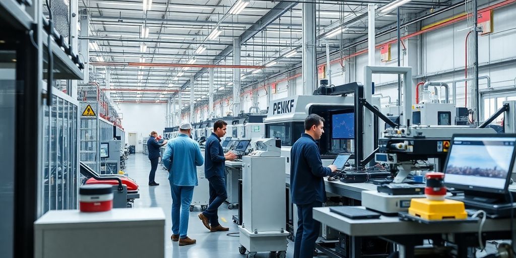 Moderne Fabrikhalle mit Maschinen und Mitarbeitern bei der Arbeit.