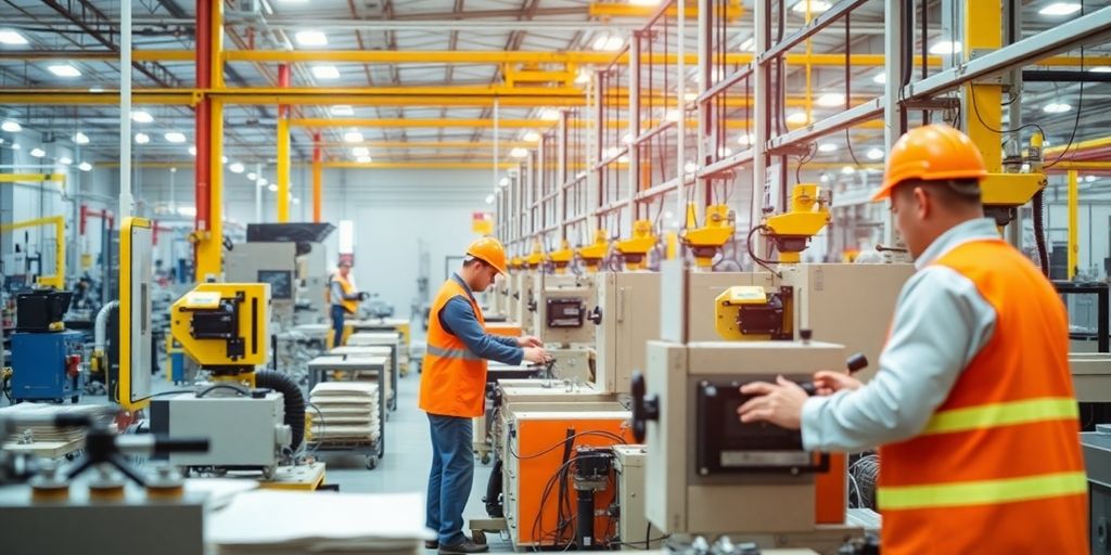 Fertigung mit Outsourcing, Arbeit und Maschinen im Einsatz.