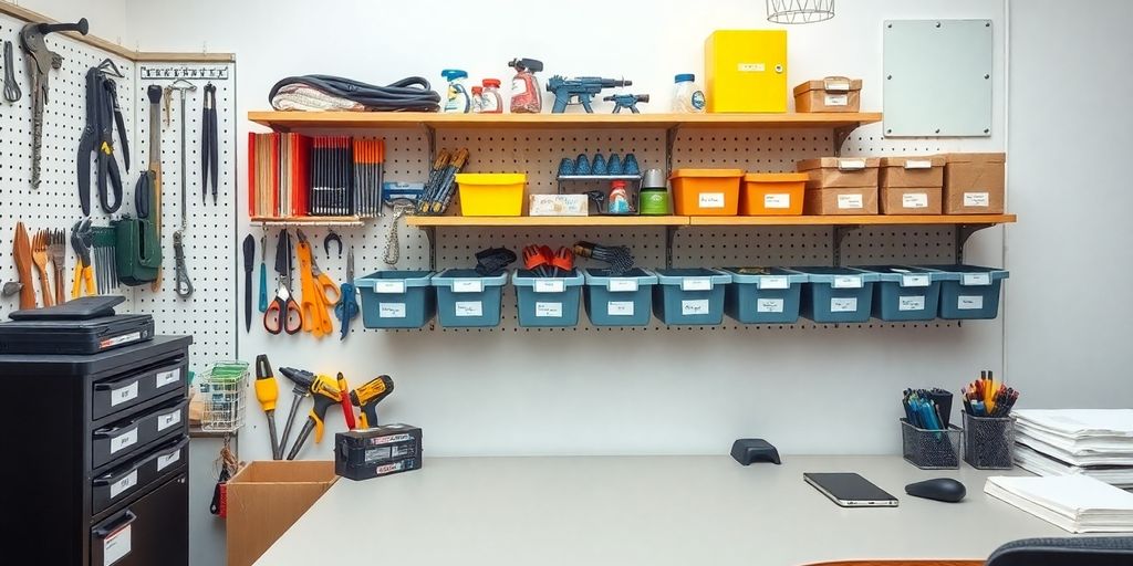 Ordentlicher Arbeitsplatz mit aufgeräumtem Schreibtisch und Werkzeugen.