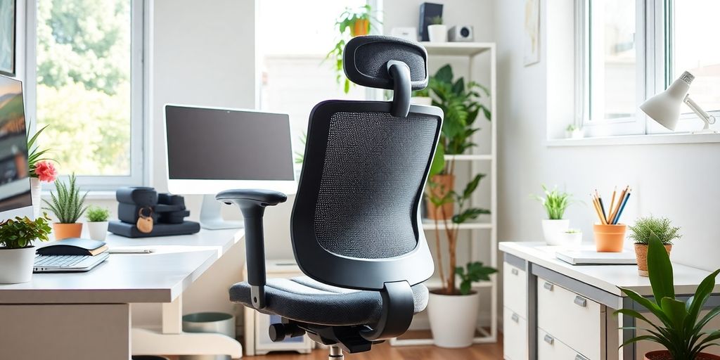 Ergonomischer Arbeitsplatz mit Stuhl und Schreibtisch.