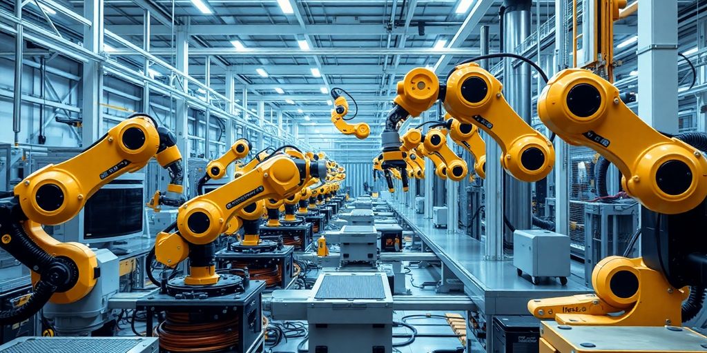 Vollautomatisierte Produktionsanlage mit Robotern und Maschinen.