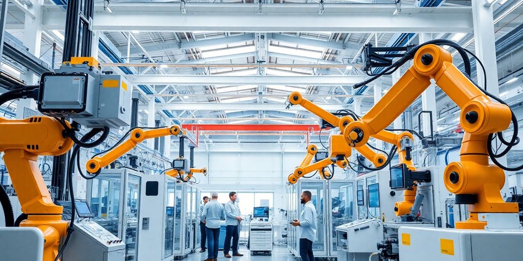 Futuristische Fabrik mit Robotern und moderner Technologie.